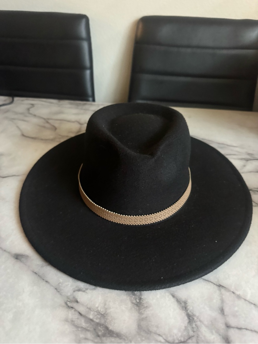 Black Wide Brim Fedora Hat with Tan Cutout Band